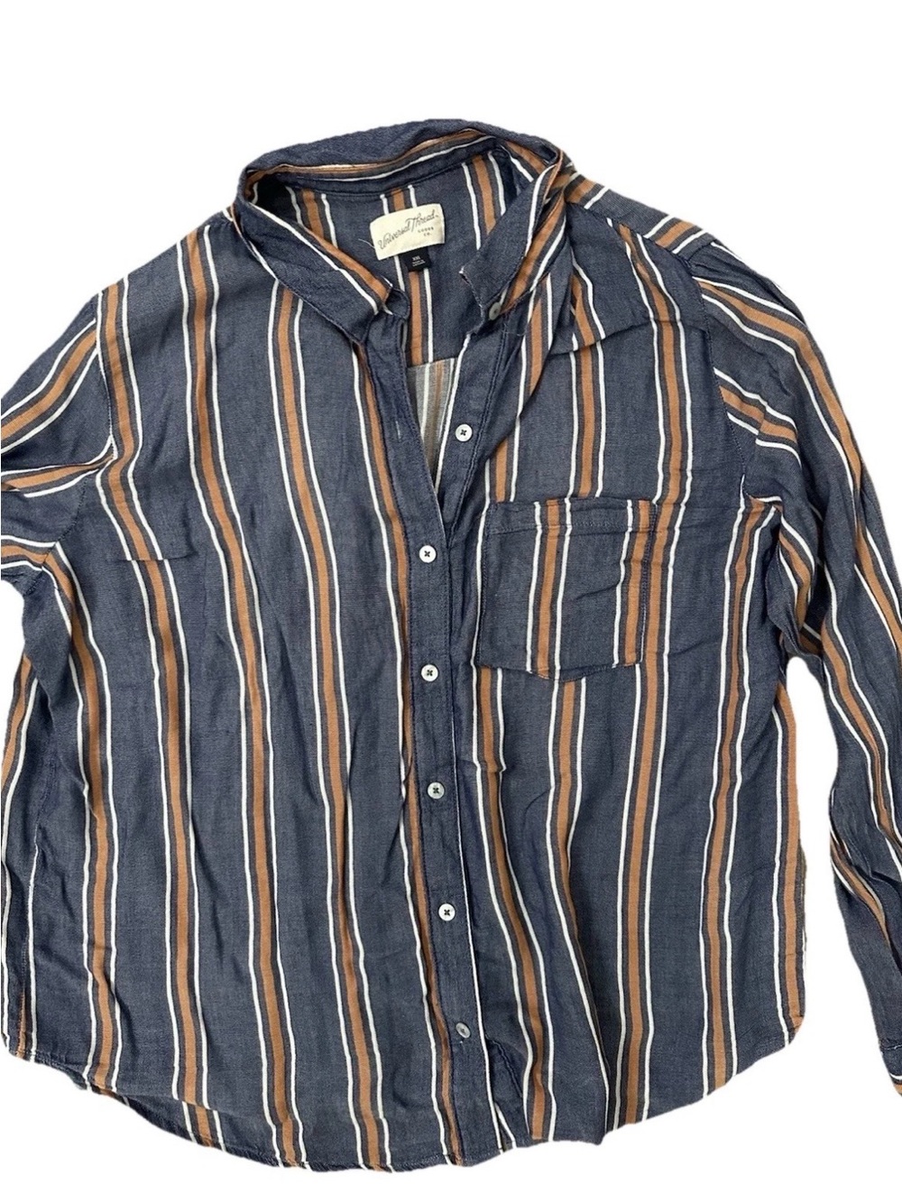 Universal Thread Navy, Brown & White Striped Button-Down Shirt